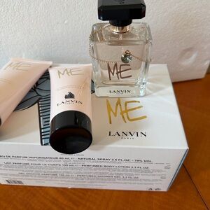 Lanvin ME Fragrance and Body Care Set in the box and pretty white /blue pouch